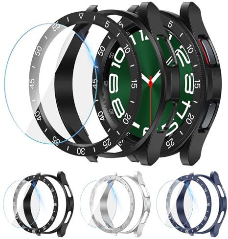 [3+3Stück] Kamita Schutzhülle für Samsung Galaxy Watch 6 Classic 47mm, 3 Hartglas Displayschutzfolie+3 PC Bumper Case+3 Lünette Adhesive Ring Hülle für Galaxy Watch6 Classic (Schwarz+Blau+Silber)