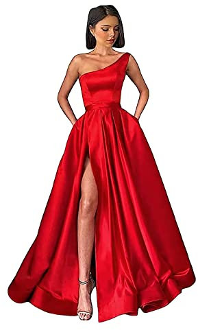 Sincemeet Vestido de Fiesta de satén con un Hombro para Mujer Vestido Largo de Dama de Honor Vestido de Fiesta con Corte en A
