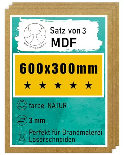 woodmanucom MDF Platten | 600 x 300 x 3 mm | Bastelplatte Dünne Holz-Platten | Perfekt für Laser, CNC Router, Laubsäge, Modellierung (3 Stück natürlich)