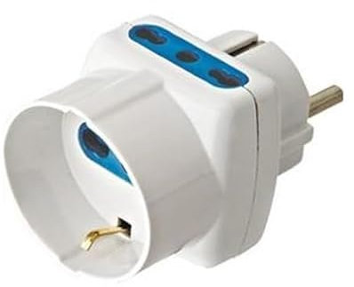 RIDUTTORE ADATTATORE TRIPLA CON SPINA SCHUKO E PRESA SCHUKO + 2 PRESE BIPASSO ITALIANE UNIVERSALI 10/16A (PASSO GRANDE E PICCOLO) BIANCA
