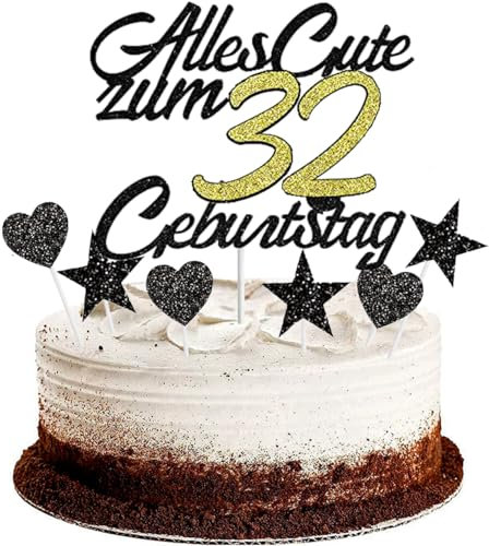 Conruich Tortendeko 32. Geburtstag Mann, Kuchendeko Happy 32th Birthday Schwarz, Glitzer Kuchen Topper 32. Alles Gute Geburtstag Ballons Konfetti für 32 Jahre Geburtstagstorte Deko Frauen Männer