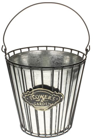 Macosa HE68790 Pot de fleurs décoratif en métal zinc, noir, 20 cm, seau de décoration de jardin, seau en métal, seau décoratif, 20 x 20 x 19,5 cm