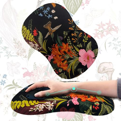 Ergonomic Mouse Pad with Wrist Rest Support, Massage Design Mouse Mat for Relief Carpal Tunnel Pain, Memory Foam Non-Slip Slope Massage Bulge (Floral Black)