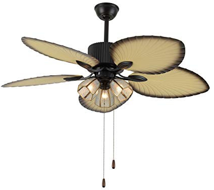 Ventiladores de techo tropicales con luz de 52 pulgadas, hoja de palma, hojas de madera, lámpara de araña, accesorio de iluminación con control remoto y cadena de tracción, motor silencioso reversible