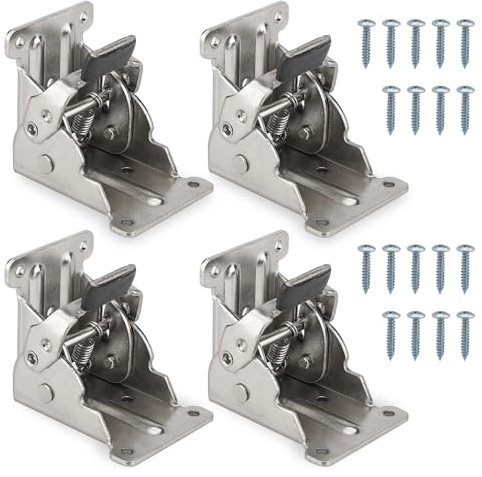 Lauviomify 4 Piezas Bisagras Plegables de 90 Grados con Bloqueo Automático - Herrajes para Patas de Muebles y Mesas Plegables, Incluye 40 Tornillos, Plata