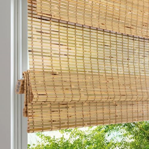 LANTIME Cordless Wood Window Blinds, Bamboo Sheer Light Filtering Woven Roman Shades, Tiger Wood, 34.5 W X 74 H