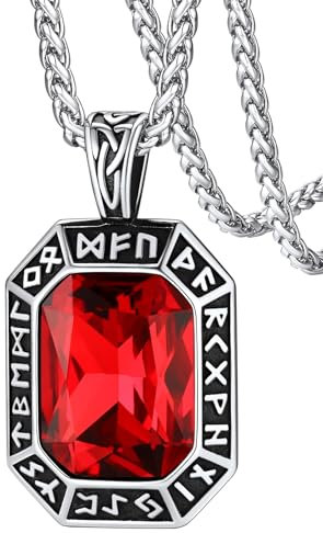 FaithHeart Silber Onyx Schmuck für Damen Herren, Edelstahl Wikinger Rune Halskette mit Rote Onyx Stein,Schutz Amulett für Mama Papa Geliebte