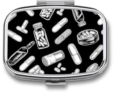 Metal Pill Box Portable Pill Box Bottles and Plaster Printed Daily AM & PM Containers, Medicine Holder, for Pocket Or Purse Pill Decorative Metal Medicine Vitamin Organizer