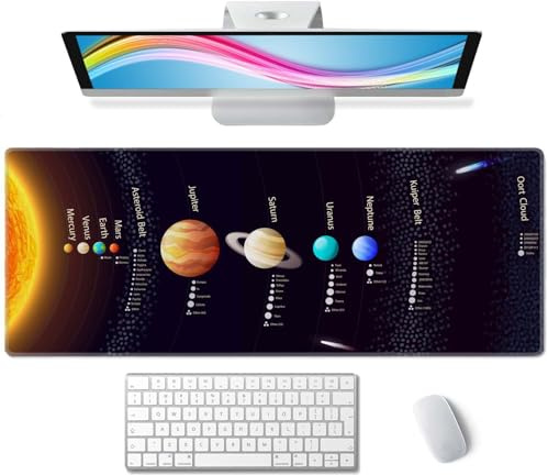 Schwarzes großes Gaming-Mauspad mit genähten Kanten, Schreibtischunterlage, erweiterte Tastaturmatte, rutschfeste Gummiunterseite, Mauspads für Laptop, Büro, Zuhause, 80 x 29 cm, Sonnensystem mit