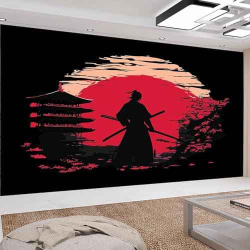 Fototapete Anime-Samurai hält Katana Bar Wall Restaurant Wohnzimmer Fototapete Tapete 300 x 210 cm Traditionelle japanische Architektur Tapeten Moderne Hintergrundbild Vlies-Tapete Wandtapete