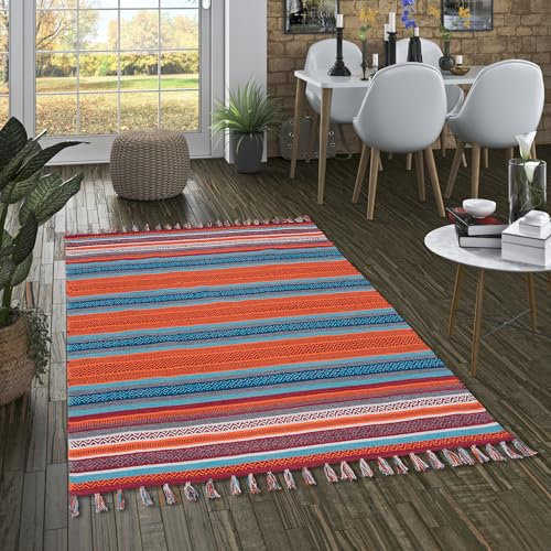 Handgewebter Baumwoll Kelim Grace - Bunt Türkis Terrakotta - Pflegeleichter, Langlebiger Teppich - Ideal für Wohnzimmer, Flur und Küche - Nachhaltiger Naturteppich