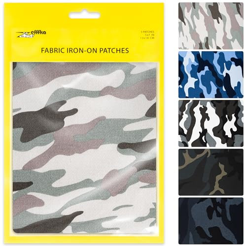 ZEFFFKA Camouflage Iron-On Patches Military Style Fabric Repair Kit Durable Adhesive 100% Cotton 5 Pieces Size 5” x 7” (13 cm x 18 cm)