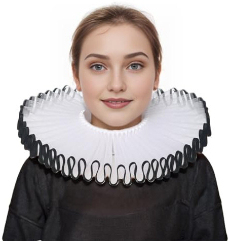 BPURB Renaissance Elisabethan Ruff Kragen Hals Rüschen Kragen Clown Halsbänder (Weiß-Schwarz)