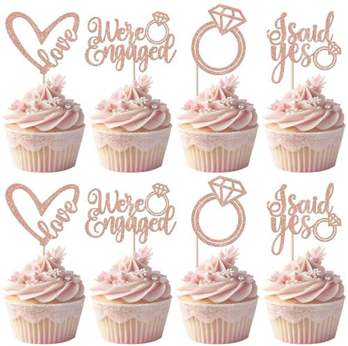 Xsstarmi 24 Pack We're Engaged Cupcake Toppers Glitter Diamond Ring Love Sweet Heart Cupcake Picks She Said Yes Cake Decorations for Wedding Engagement Bridal Shower Party Supplies Rose Gold