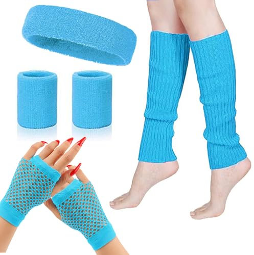 MUFEKUM 80s Fancy Dress Costumes Accessories, Leg Warmers Fishnet Gloves Headband Wristbands Sweatbands Neon Set, 1980s Retro Theme Party Costumes Neon Party Accessories (Blue)