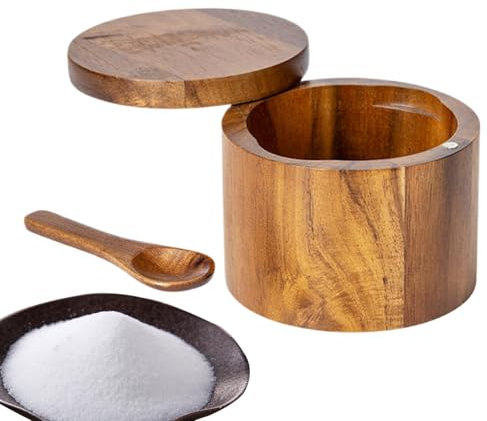 Salzdose aus Holz | Salz- und Pfefferdose aus Akazienholz Salzstreudose Küchensalzbehälter mit schwenkbarem Magnetdeckel und integriertem Löffel - für Pfeffer, Zucker, Salz, Gewürze