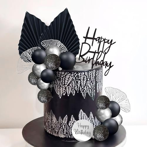 Black and Silver Boho Cake Decorations with Happy Birthday Topper for Birthday Wedding Anniversary