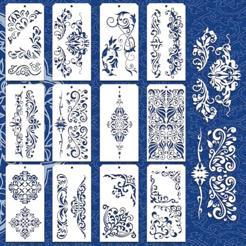 GOMAKERER 12 Stück Dekorative Malvorlagen 12 Stile Malschablonen Mit Vintage Blumenmuster Wiederverwendbare Randschablone Blattschablonen Zum Malen Auf Fliesen Wänden Böden Scrapbooking Nachzeichnen
