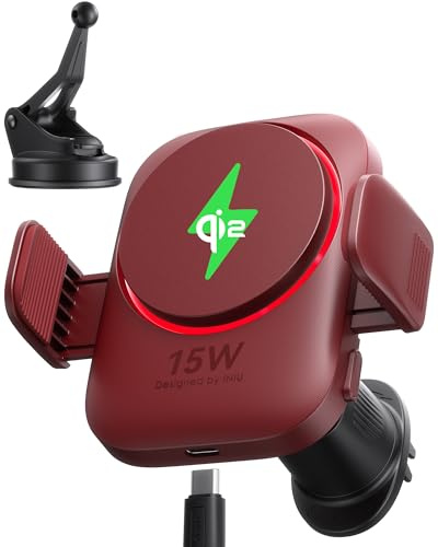 INIU Car Charger[15W, Red], Qi2 Certified Strong Magnetic Car Phone Holder for Cars with Charger, Air Vent Mount, Cooling Fins & RGB Lighting for iPhone 16 Pro Max/15/14/13/12