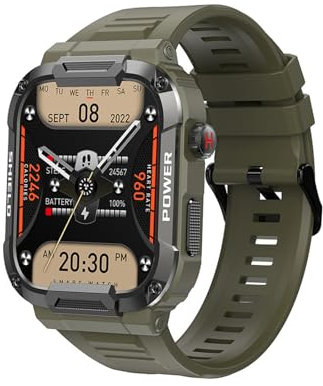 RORIOS Reloj de Pulsera Deportiva Inteligente para Hombres Mujeres Reloj Silicona Fitness Llamadas Bluetooth Rectangular Smartwatch Verde Militar