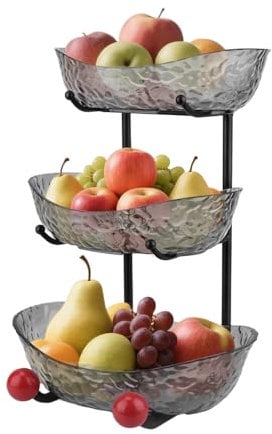 Asaiy Fruit Basket Stand, 3-Tier Plastic Fruit Bowl Holder, Oval Tiered Fruit Bowl Set with Metal Stand for Kitchen Vegetable Snacks Candy Storage(Anthracite Grey)