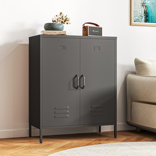Bekrvio Kommode Optimierter Belüftung – Metall Sideboard mit Doppeltür, Metall Kommode verstellbaren Regalböden, stabil & langlebig, mit durchdachter Anleitung,Mehrzweckschrank (Schwarz)