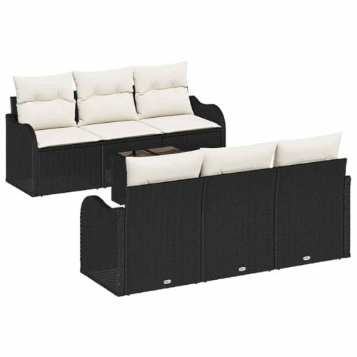 vidaXL 7-teiliges Garten-Sofaset mit Kissen in Schwarz aus Poly-Rattan – stylisches, modulares Design, wetterfest und bequem für Deine Terrasse oder Moderne Außenbereiche.