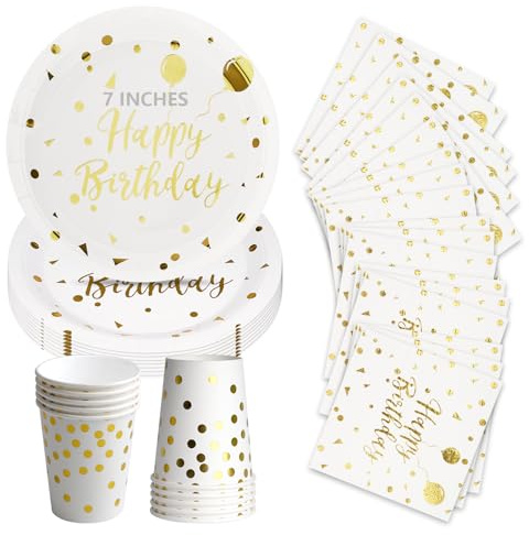 75Pcs Happy Birthday Party Plates Cups and Napkins, 7 White Gold Disposable Paper Plates, Paper Dessert Cake Plate, Strong Party Tableware Set 25 Guests for Birthday Decorations