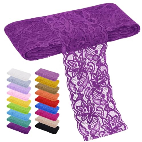 LEREATI Spitzenband Tiefes Violett 8cm x 9m Elastizität Spitzenstoff Spitzenborte Bordüre Stoff Dekoband Spitzenbordüre, Borten und Bänder zum Nähen Kleidung Tischläufer Hochzeitskleid Haus Deko