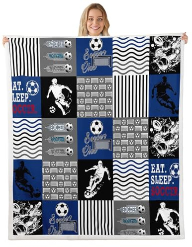 Homemissing Fußball Decke 100x130cm für Kinder Jungen Mädchen Fußball Ball Spiel Wohndecke Ultrar Fußball Flanell Fleecedecke Ball Sports Blau und Grau Thema Gaming Sports