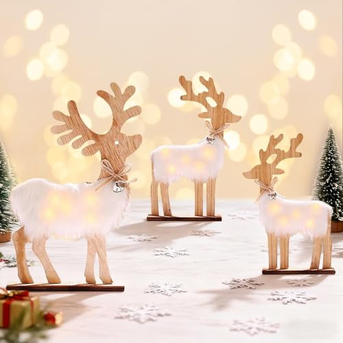 Weihnachtsdeko Holz Rehe Hirsch Weihnachts Tischdeko mit LED Leuchtend Tierfigur Weihnachtsdeko Winterdeko Innen für Tisch Deko