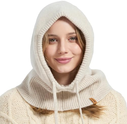 ACUSHLA Cagoule 100 % laine mérinos pour homme et femme - Écharpe à capuche chaude en tricot chaud - Bonnet et écharpe, beige, taille unique