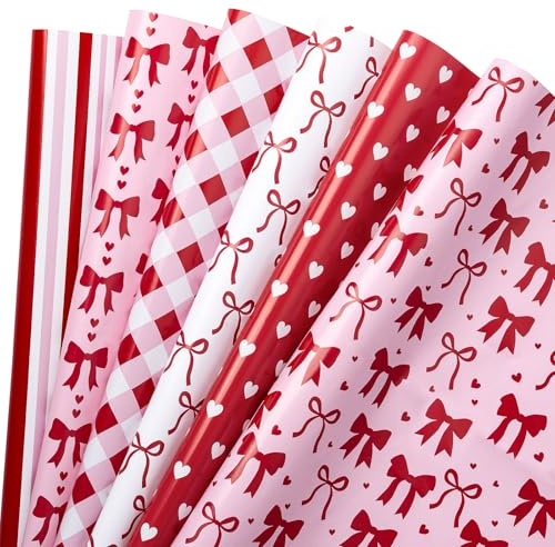 RUSPEPA Valentinstag-Geschenkpapierbögen – Rot/Rosa Herz-/Schleifen-/Streifen-/Karomuster, Romantisches Geschenkpapier Für Mädchen, Geburtstag, Jahrestag & Brautparty, 6 Gefaltete Bögen – 50 X 70 Cm