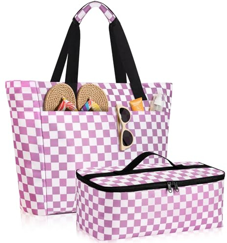 ISEYOU Strandtasche XXL Familie mit Kühltasche, Groß Strandtasche mit Reißverschluss Wasserdicht Sanddicht, Handtasche Damen 49L, Faltbar Badetasche für Reisen Fitnessstudio Picknick