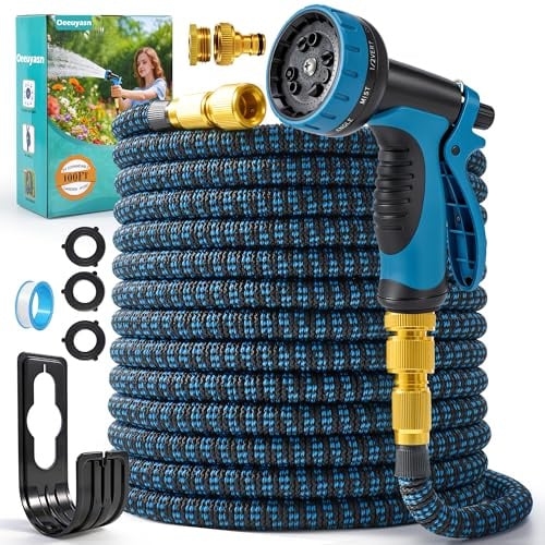 Oeeuyasn Flexibler Gartenschlauch 30 m (100 ft) mit 10-Funktions-Gartenbrause, 3/4- und 1/2-Anschlüsse, dehnbarer Wasserschlauch, auslaufsicher, knickfrei, für Garten, Autowäsche und Haustierbaden