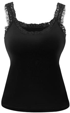 Lace Tank Tops for Women Slim Fit Lace Camisole with Built-in Bra Ladies Basic Underwear Casual High Stretch Base Layer Cami Vests U Neck Pullover Sleeveless T Shirt Daily Wear
