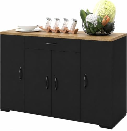 Amveya Sideboard Buffetschrank Schwarz modern schmal Esszimmer 110×30×70cm | Sideboard Buffetschrank mit 4 Türen 1 Schublade und viel Stauraum als schmale Anrichte für Esszimmer Wohnzimmer und Geschirr