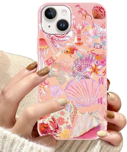 Yoedge Summer Phone Case for iPhone 13/iPhone 14 6.1'', Pink Ocean Dinosaur & Marine Life Collage Cute Aesthetic Case, Ocean Trendy Protective Scratch Resistant Shockproof Cover for Girls Women