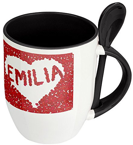 Namenstasse Emilia - Löffel-Tasse mit Namens-Motiv Blumenherz - Becher, Kaffeetasse, Kaffeebecher, Mug - Schwarz