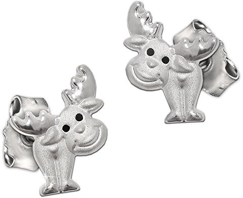 CLEVER SCHMUCK Silberne Ohrstecker Elch 7 x 6 mm Augen schwarz lackiert seidenmatt und glänzend STERLING SILBER 925