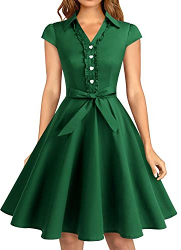 Wedtrend Robe Vintage Rockabilly Rétro Audrey Hepburn 50's 60's Polka Pin Up Swing avec Boutons de cœurWTP10007 Army Green L