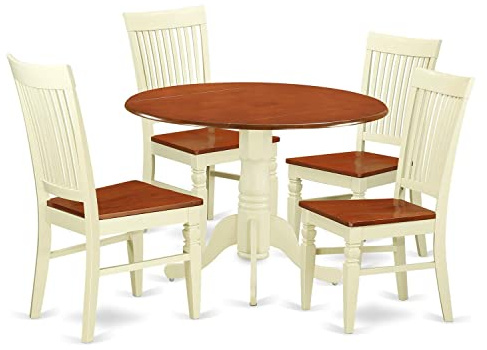 East West Furniture DLWE5-BMK-W 5-teiliges Dinette-Set für 4 Personen, enthält einen runden Esstisch mit Dropleaf und 4 Esszimmerstühlen, 106 x 107 cm, Buttermilch und Kirsche