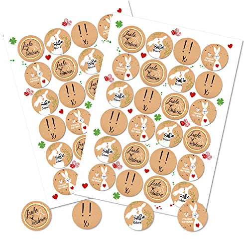 Logbuch-Verlag 48 Osteraufkleber in Kraftpapier Optik 4 cm beige weiß rot mit Osterhase - FROHE OSTERN Aufkleber rund selbstklebend