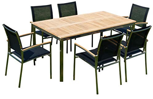 ALEOS. Gartengarnitur Edelstahl Batyline A-Grade Teak Holz Set Tisch 160x90 cm + 6 Sessel Serie Kuba-SCHWARZ Gastroqualität