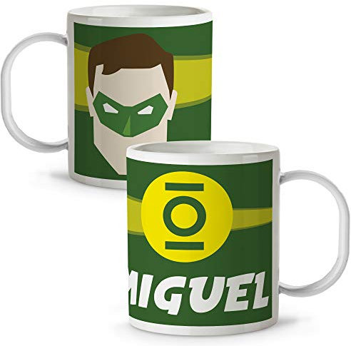LolaPix Taza Superhéroes Personalizada con Nombre. Plástico. Vuelta al Cole. Varios Diseños y Colores Interior. Linterna Verde
