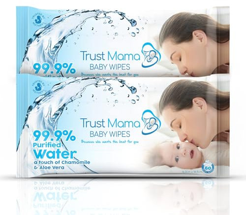 Trust Mama - Baby Wipes 99.9% Purified Water – Fragrance-Free, Hypoallergenic Wet Wipes for Sensitive Baby Skin – Natural, Everyday Use (Pack of 2 (120 Wipes))