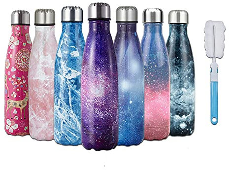HGDGears Water Bottle 17oz/500ml, Double Wall Vacuum Stainless Steel Insulated Travel Mug Leakproof Sports Drinks Bottle(Purple Starry)