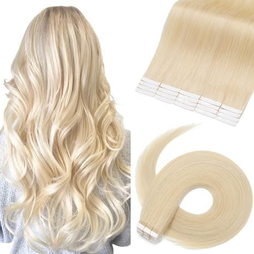 TESS Tape Extensions Echthaar #60 Weißblond 45 cm Klebeband Haarverlängerung 20er Pack Glatt Remy Tape in Hair Extensions für Haarverdichtung (20 Tressen #60-weisse Blond)