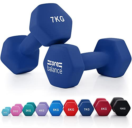 Core Balance 7kg Dumbbell Pair Hex Weight Neoprene Coated Cast Iron Strength Training (Navy Blue)