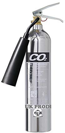Premium FSS UK 2 KG CO2 FIRE EXTINGUISHERS. Chrome Polished. CE Marked. Ideal for Homes Kitchen Workplace Offices WORKSHOPS Warehouses GARAGES Hotels Restaurants